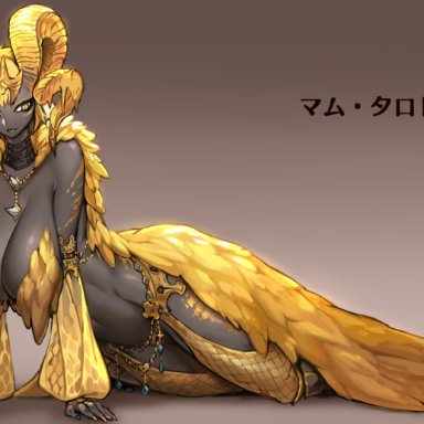 oopartz, capcom, monster hunter, elder dragon, horned humanoid, humanoid, kulve taroth, scalie, big breasts, big horn, body jewelry, breasts, clothing, covered breasts, curled horns