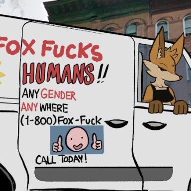 zzx, canid, canine, fox, mammal, advertisement, anthro, breasts, cheek tuft, clothed, clothing, driving, explicit text, eyes closed, facial tuft