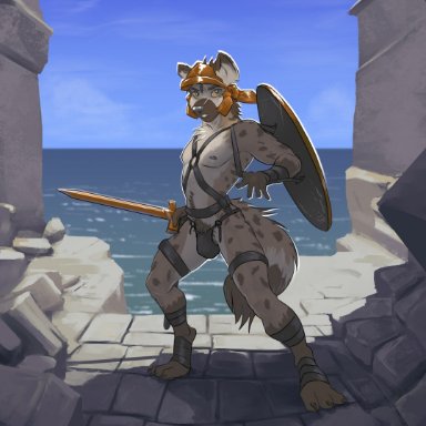 marsonaut, hyaenid, mammal, spotted hyena, 3 toes, 5 fingers, ancient, ancient greece, anthro, arm wraps, armor, athletic, athletic anthro, athletic male, barefoot