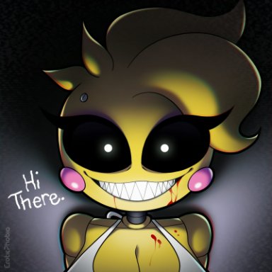 eroticphobia, toy chica (fnaf), five nights at freddy's, five nights at freddy's 2, avian, bird, chicken, galliform, gallus (genus), phasianid, robot, anthro, black eyes, blood, bodily fluids