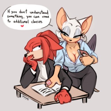 spuydjeks, knuckles the echidna, rouge the bat, sega, sonic the hedgehog (series), chiropteran, echidna, mammal, monotreme, <3, anthro, big breasts, book, breasts, cleavage