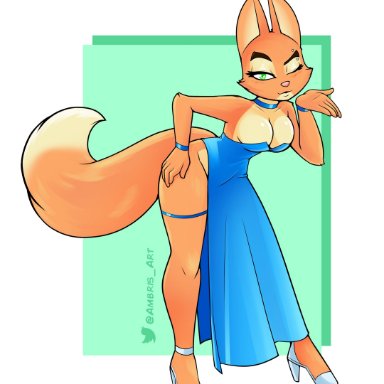 ambris, diane foxington, dreamworks, the bad guys, canid, canine, fox, mammal, anthro, bent over, blue clothing, blue dress, breasts, cleavage, clothed