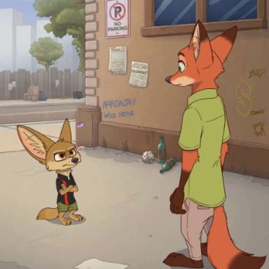 aar0njay, finnick, nick wilde, cat breakdancing meme, disney, zootopia, canid, canine, fennec, fox, mammal, anthro, breakdancing, clothed, clothing