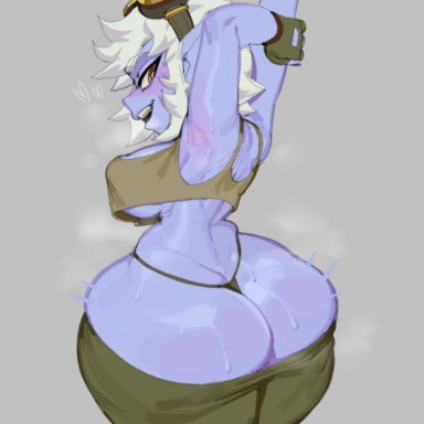 nezulet, tristana (lol), league of legends, riot games, humanoid, yordle, areola, areola slip, big breasts, big butt, bodily fluids, bottomwear, bottomwear down, breasts, butt