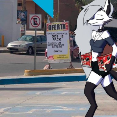 dany-j, loona (helluva boss), helluva boss, loona in mexico, canid, canid demon, canine, demon, hellhound, mammal, alcohol, anthro, beverage, box, container