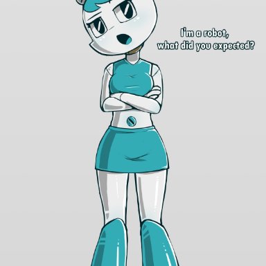 e254e, jenny wakeman, my life as a teenage robot, nickelodeon, android, humanoid, robot, robot humanoid, arms crossed under breasts, attempted murder, bottomwear, breasts, clothing, crop top, crossed arms