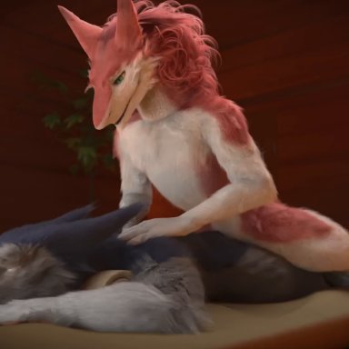 mysteryboy18, sergal (untied verbeger), blender (software), sergal, anthro, backrub, belly, cheek tuft, claws, duo, eye contact, eyes closed, facial tuft, female, female on top