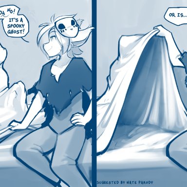 conditional dnp, tom fischbach, keith keiser, laura (twokinds), halloween, twokinds, ambiguous species, basitin, ghost, mammal, spirit, ambiguous gender, anthro, bed, bed sheet