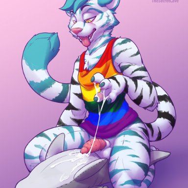thesecretcave, felid, mammal, pantherine, tiger, afterglow, anthro, balls, black stripes, blue hair, blue stripes, bodily fluids, bottomless, bottomless male, clothed