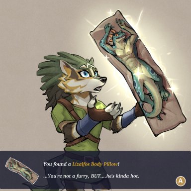 elranno, link (wolf form), nintendo, the legend of zelda, canid, canine, canis, lizalfos, mammal, wolf, anthro, blue eyes, body pillow, claws, clothed