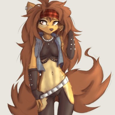 tinygaypirate, apogee (tinygaypirate), canid, canine, canis, domestic dog, mammal, spitz, accessory, anthro, arm tuft, black nose, bottomwear, breasts, brown body