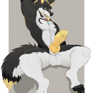 sellon, fenris ragnulf, canid, canine, canis, dire wolf, mammal, animal genitalia, animal penis, anthro, balls, bedroom eyes, belly, belly tuft, big balls