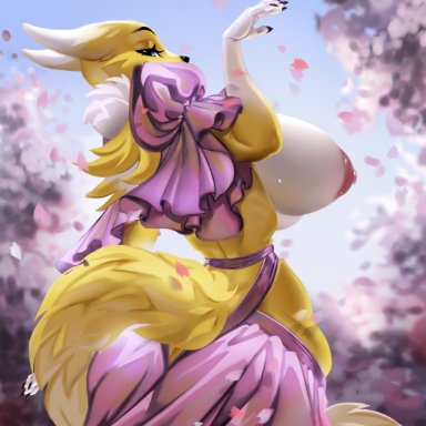 winter nacht, bandai namco, digimon, canid, canine, digimon (species), fox, mammal, renamon, anthro, areola, big breasts, blue eyes, breasts, butt