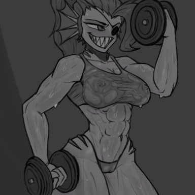 phess, undyne, undertale, fish, marine, abs, anthro, athletic, athletic anthro, athletic female, big breasts, bodily fluids, breasts, camel toe, clothing
