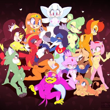 apinkgrape, amy rose, belle the tinkerer, blade the shark, blaze the cat, claire voyance, clove the pronghorn, honey the cat, jewel the beetle, sally acorn, sticks the jungle badger, tangle the lemur, tikal the echidna, ulti (ultilix), wave the swallow