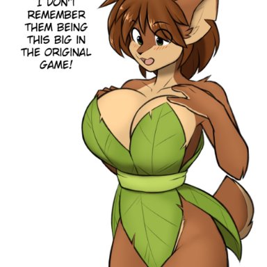 hexteknik, elora, activision, spyro the dragon, faun (spyro), anthro, big breasts, breasts, clothing, female, huge breasts, leaf clothing, simple background, solo, text