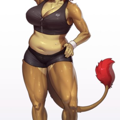 pgm300, chubby lioness (pgm300), sasha (cold stone), felid, lion, mammal, pantherine, 4 toes, 5 fingers, accessory, anthro, arms bent, athletic, athletic anthro, athletic female