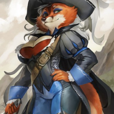 juliathedragoncat, captain sandra biscuit, canid, canine, canis, fox, mammal, red fox, anthro, biped, black boots, black clothing, black corset, black footwear, black nose