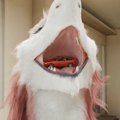 torva maan, sergal (untied verbeger), sergal, ambiguous gender, anthro, car, cheek tuft, facial tuft, looking at viewer, object in mouth, object vore, solo, solo focus, swallowing, tuft