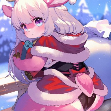 kishibe, tona (kishibe), christmas, capreoline, deer, mammal, reindeer, accessory, anthro, bag, big butt, blurred background, bow ribbon, box, braided hair