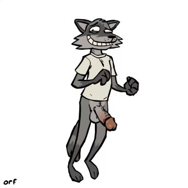 orf, orf (character), mammal, procyonid, raccoon, balls, big penis, bottomless, bottomless male, bouncing penis, bulge, circumcised, clothed, clothing, genital outline