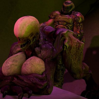 dahsharky, doom slayer, doom (series), id software, source filmmaker, hell knight, anthro, breasts, butt, female, from behind position, hell, male, male/female, sex