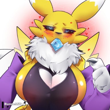 bunnemilk, bandai namco, digimon, digimon (species), renamon, <3, anthro, bedroom eyes, big breasts, blush, breasts, cleavage, cleavage cutout, clothed, clothing