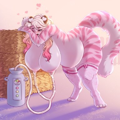 spottedtigress, marzipan (spottedtigress), felid, mammal, pantherine, tiger, <3, anthro, belly, big belly, big breasts, bodily fluids, breast milking, breasts, clothing