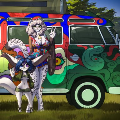 feretta, maria montaro, snaps (character), volkswagen bus, felid, imp, mammal, pantherine, snow leopard, 4 toes, abstract art, areola, areola slip, barefoot, big breasts