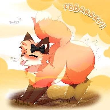 taffyy, dahlia (taffyy), canid, canine, fox, mammal, red fox, all fours, ambiguous gender, ass up, blush, bow accessory, bow ribbon, brown body, brown fur