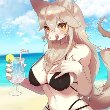 onikuman, canid, canine, fox, mammal, 5 fingers, anthro, beach, beverage, big breasts, blush, breasts, chest tuft, claws, cleavage