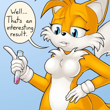 mightycock (artist), miles prower, sega, sonic the hedgehog (series), canid, canine, fox, mammal, after transformation, anthro, barely visible genitalia, barely visible pussy, blue eyes, breasts, clothing