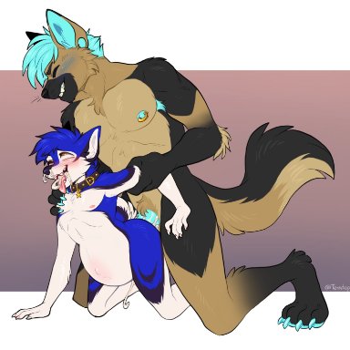 teratophilia (artist), fynngshep, stefan sledwolf, canid, canine, mammal, 4 toes, 5 fingers, amber eyes, anal, anthro, black eyebrows, black nose, bodily fluids, collar
