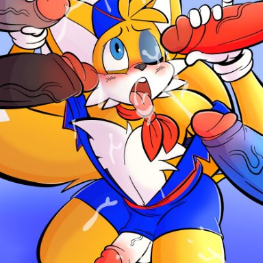taillove (artist), knuckles the echidna, miles prower, shadow the hedgehog, silver the hedgehog, sonic the hedgehog, sega, sonic the hedgehog (series), canid, canine, fox, mammal, anthro, bodily fluids, bukkake