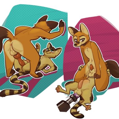 fuel (artist), chico (fuel), ty (appleseed), banded linsang, canid, canine, fox, linsang, mammal, red fox, viverrid, abdominal bulge, abstract background, alternate species, anal