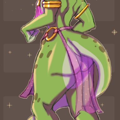 bunbuntushie (artist), meral fleetfoot, kobold, anthro, blush, bottomless, bottomwear, clothed, clothing, female, horn, jewelry, loincloth, long tail, multicolored body