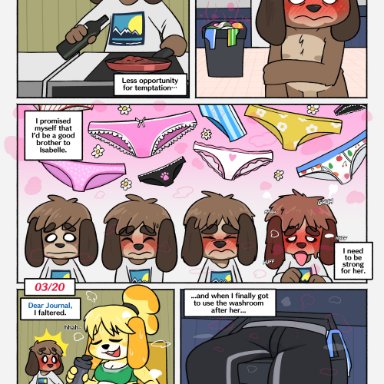 crushpepper, digby (animal crossing), isabelle (animal crossing), animal crossing, nintendo, canid, canine, canis, domestic dog, mammal, 5 panel comic, anthro, appliance, black clothing, black panties