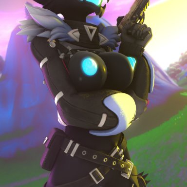 elisasharky (artist), pack leader highwire, epic games, fortnite, source filmmaker, canid, canine, canis, mammal, wolf, anthro, barely visible genitalia, barely visible pussy, black body, black fur