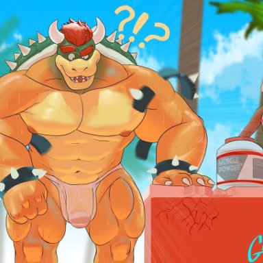 glass0milk, bowser, bowser day, mario bros, nintendo, canid, canine, koopa, mammal, scalie, ?!, abs, anthro, armband, aroused