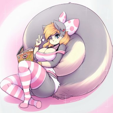secretly saucy, mammal, rodent, sciurid, tree squirrel, 4 fingers, anthro, biped, blush, breasts, cleavage, clothed, clothing, ear piercing, female