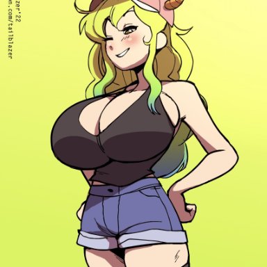 tail-blazer, quetzalcoatl (dragon maid), miss kobayashi's dragon maid, animal humanoid, dragon, dragon humanoid, horned humanoid, humanoid, big breasts, blonde hair, bottomwear, bouncing breasts, breasts, bulging breasts, cleavage