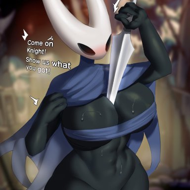 18 (artist), the knight (hollow knight), hollow knight, team cherry, arthropod, vessel (species), abs, anthro, anthrofied, between breasts, big breasts, black body, blush, bodily fluids, breasts