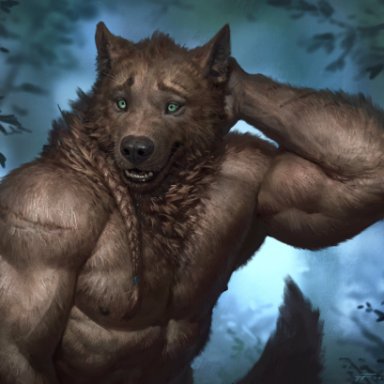 canid, canine, canis, mammal, wolf, abs, anthro, barazoku, biceps, black nose, blue eyes, brown body, brown fur, brown nipples, cheek tuft