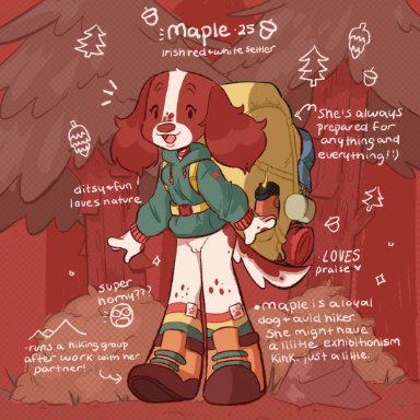 puppeypawbs, maple (puppeypawbs), bird dog, canid, canine, canis, domestic dog, hunting dog, irish setter, mammal, setter, anthro, backpack, boots, bottomless