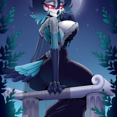 spacefur, stolas (helluva boss), helluva boss, owl demon, 4 eyes, anthro, backless dress, big breasts, breasts, butt, claws, clothing, crossgender, dress, feathers