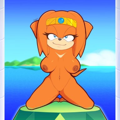 supersegasonicss, tikal the echidna, sega, sonic adventure, sonic the hedgehog (series), echidna, mammal, monotreme, anthro, areola, bedroom eyes, black nose, blue eyes, breasts, detailed background
