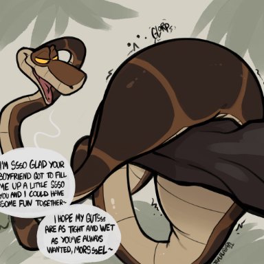haps, kaa (jungle book), the jungle book, mammal, python, reptile, scalie, snake, after sex, after vore, anthro, anthro prey, bodily noises, brown body, brown fur