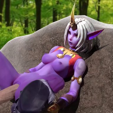 vrwaifudelivery, soraka, league of legends, riot games, horned humanoid, human, humanoid, mammal, abs, against natural surface, against rock, against surface, areola, big breasts, big penis