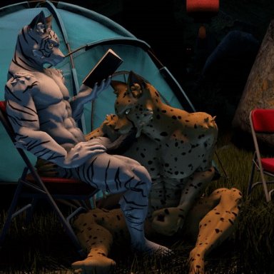 vincewolf, cat (petruz), cheetah, felid, feline, mammal, pantherine, tiger, 5 toes, blue eyes, book, camping, camping tent, casual sex, duo