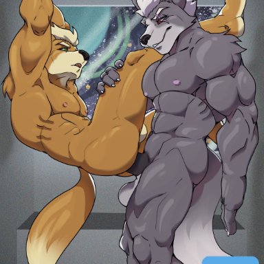 redleonhart, fox mccloud, wolf o'donnell, nintendo, patreon, star fox, canid, canine, canis, fox, mammal, wolf, abs, anal, anal penetration